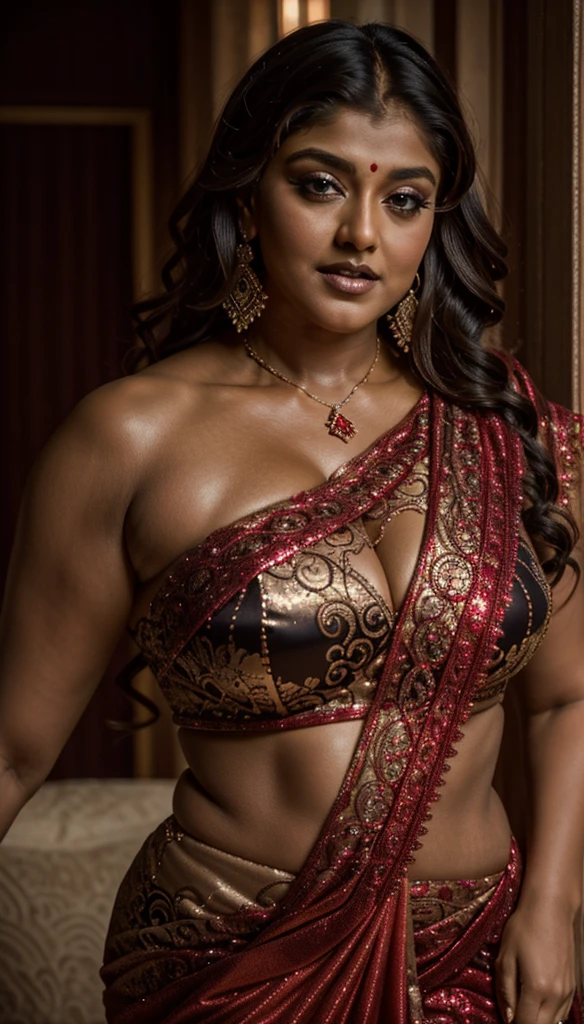 Looks like Nayanthara, milf, cougar lady witch, horny Gothic milf, 50 years old gorgeous mature lady, pervert demoness, demoness of lust, curvy, black lips, horny face, extremely gorgeous, thick figure, heavy physique, voluptuous, curvy, sexy figure, Fashionable portrait of androgynous alien looking witch wearing veil, glowing eyes, futuristic design, minimal details, givenchy, photoreal, 200mm, hd, f/ 2.0, highly detailed, surreal, sexy beautiful evil woman, sexy bold sequin Saree with strapless Bra, chudail, Pishachini, horror genre, blood-thirsty enchantress, powerful female spirit, eerie, drop dead, in the style of red and blue, (intricate details, hyperdetailed:1.15) (skin texture:1.2), dark Moody tone, cinematic lighting, haunted place in background,