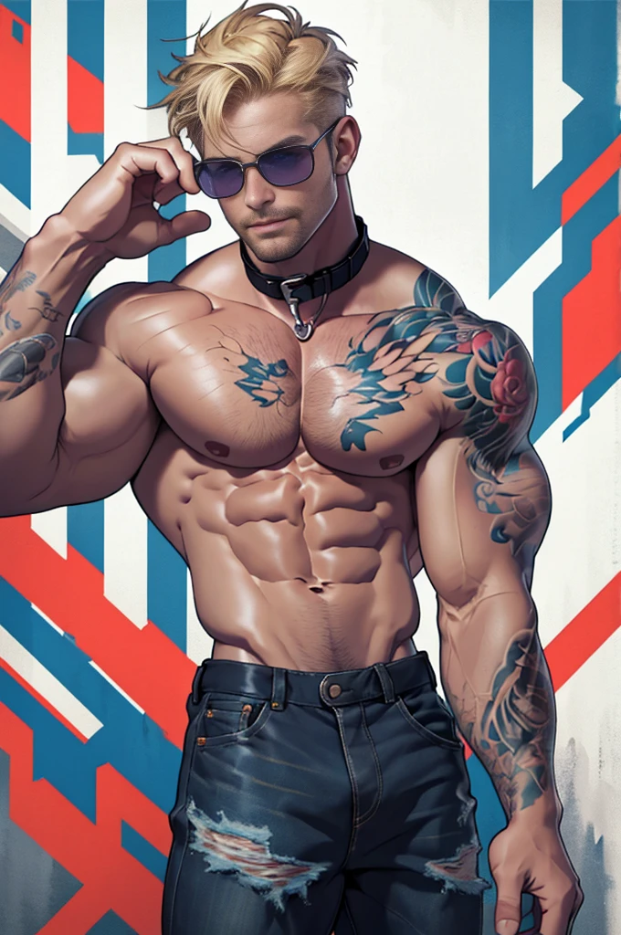 lifelike，（masterpiece，top quality，best quality，official art），Very detailed，rich and colorful，most detailed，God，shorter hair，blonde，Handsome man，Collar，Shirtless，suburbs，Sun Glasses，muscle，Chest muscles，tattoo，Nipple rings