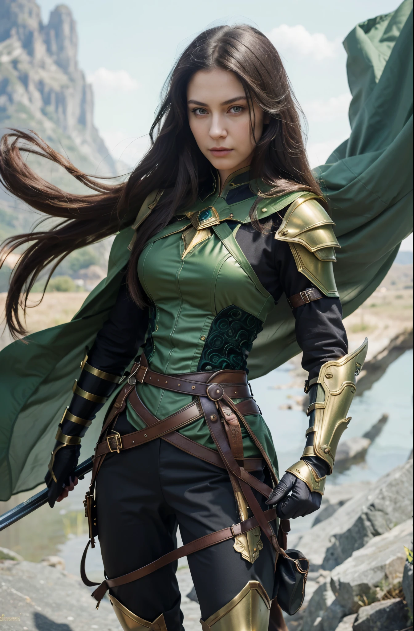 real, real photo, intricate details. A heroine woman, beautiful, serious expression on the face. long black hair, green eyes. He wears a green outfit with golden armor parts. in the background you can see a mountain,