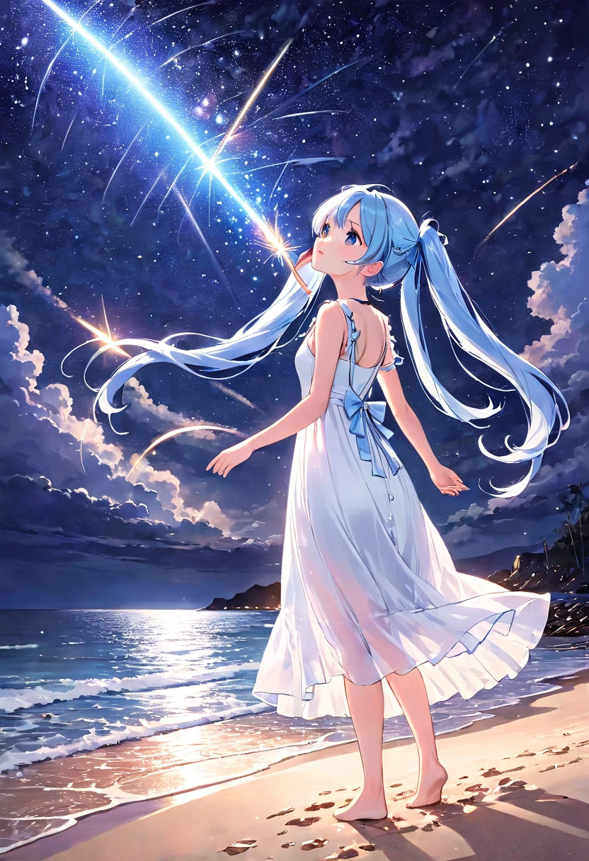 Night sky beach、Lots of shooting stars、Light blue long hair、Beautiful girl with twin tails、White long dress、Looking up at a shooting star