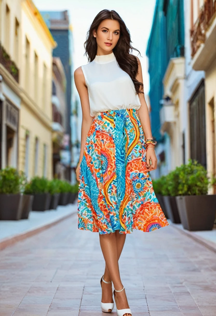 Create a collection of photos showcasing chic and modern women's summer outfits. The photos should include cool dresses, light tops, colorful skirts, and other summer clothing. Colors should be bright and attractive, with trendy patterns and modern designs. Backgrounds should evoke summer environments such as the beach, park, or city streets. Emphasize the comfort and style of the outfits