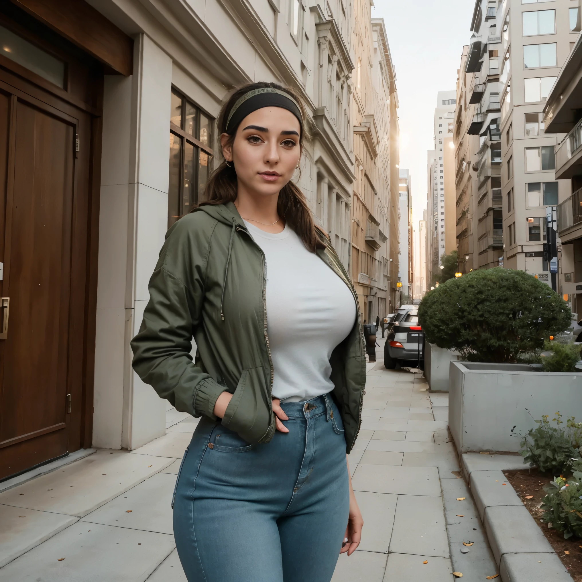 Extremely busty thin and toned brunette photographer, college girl, fair skin, loose ponytail, soft face, athletic, bandana babushka headwrap, tight olive green casual windbreaker, skinny jeans. standing in front of her apartment building, outdoors, city, camera bag, cleavage