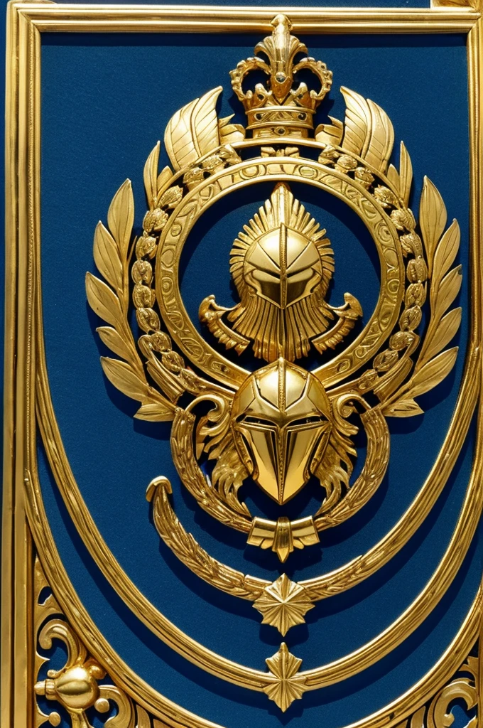 Make a herald shield that has:

- **Left side: Field of Gules (red) con un león rampante de oro en pie Dorado).

- **right side: Field of azure (blue) with three horizontal bands of gold (Dorado).

- **helmet**: A silver helmet on top.

- Feathers on the helmet: Adornos con los colores red y blue.

-: Un león Dorado en la parte superior del yelmo.

- Dos leones Dorados sosteniendo el escudo.
- Text "Virtue and honor" on the bottom