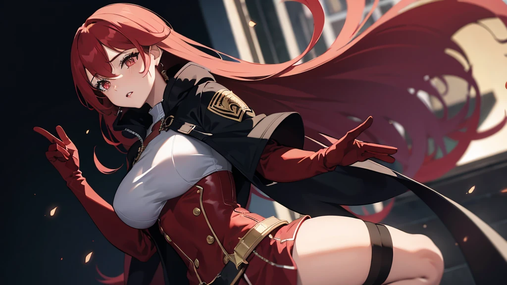 ((best quality)),((masterpiece)),8k wallpaper, absurdres, highres, ultra detailed, (****ung beautiful girl com peitos grandes, solo:1.1), solo, eyes red and gold, gloves, human ears, long hair, red hair,(red and gold eyes), fingerless gloves, red hair, asymmetrical clothes, makeup, hairclip, huge breasts, athletic body, slimskirt, thigh strap, lips, gradient hair, single glove, RED HAIR, (anime style) BREAK