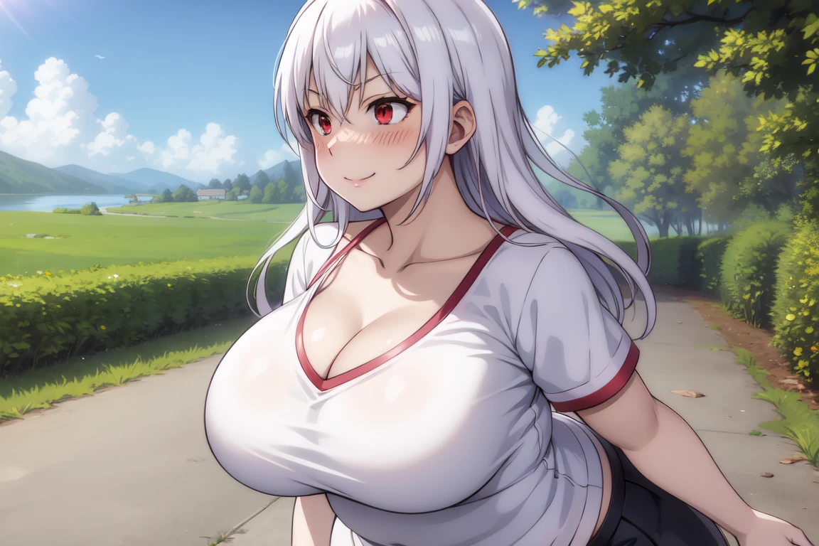 red eyes, accelerator (toaru majutsu no index), white hair, shirt, girl:1.3, big breasts, outdoors, lake, smile, blush, fat