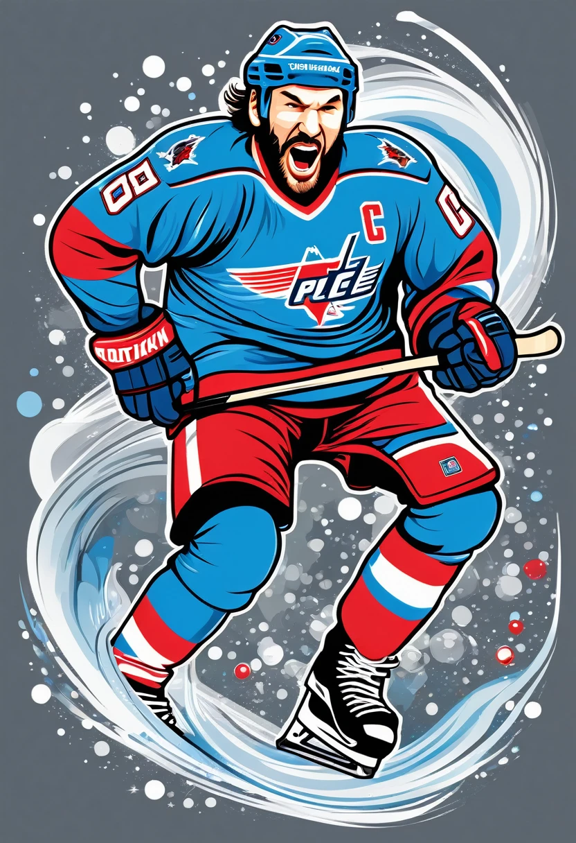 A vector design for a t-shirt, with a Alex Ovechkin in jump featuring elements of [[ice hockey] in the style of hyper-detailed illustrations with a colorful, 
cartoonish style in high resolution using [gray] colors and hard edge lines, along with swirling details and high contrast