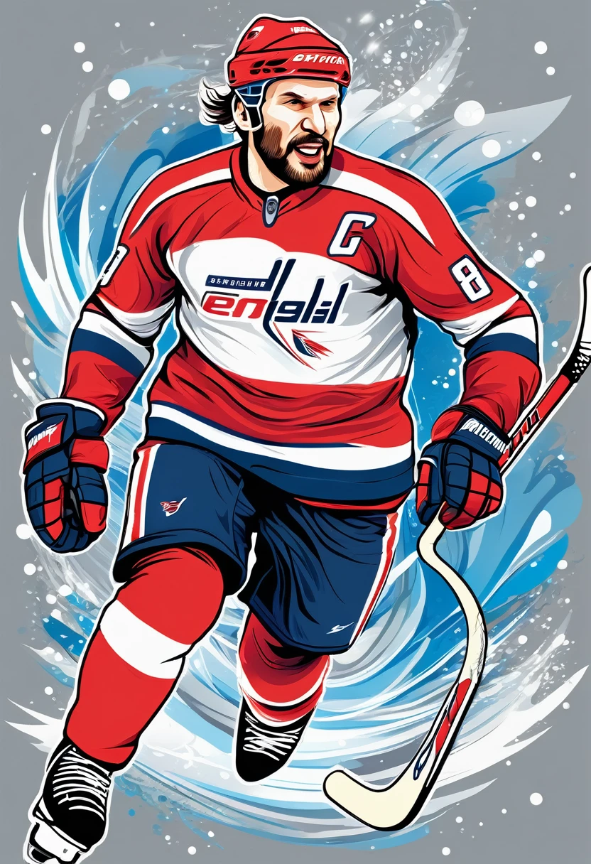 A vector design for a t-shirt, with a Alex Ovechkin in jump featuring elements of [[ice hockey] in the style of hyper-detailed illustrations with a colorful, 
cartoonish style in high resolution using [gray] colors and hard edge lines, along with swirling details and high contrast