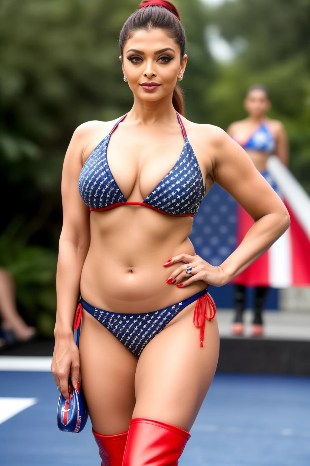 CLOSE UP photo of SEXY 50YO MATURE MILF AISHWARYA RAI as FITNESS MODEL, ((SMOKY EYES MAKEUP)), ((ponytail tied hair)), ((US flag red and blue micro bikini)), ((high boots)), (((catwalk outdoors on ramp fashion show))), day scene, curvy mature hourglass figure, look straight at camera, sexy 50 yo mature MILF, soft volumetric lights, intricate details, (ArtStation:1.2)