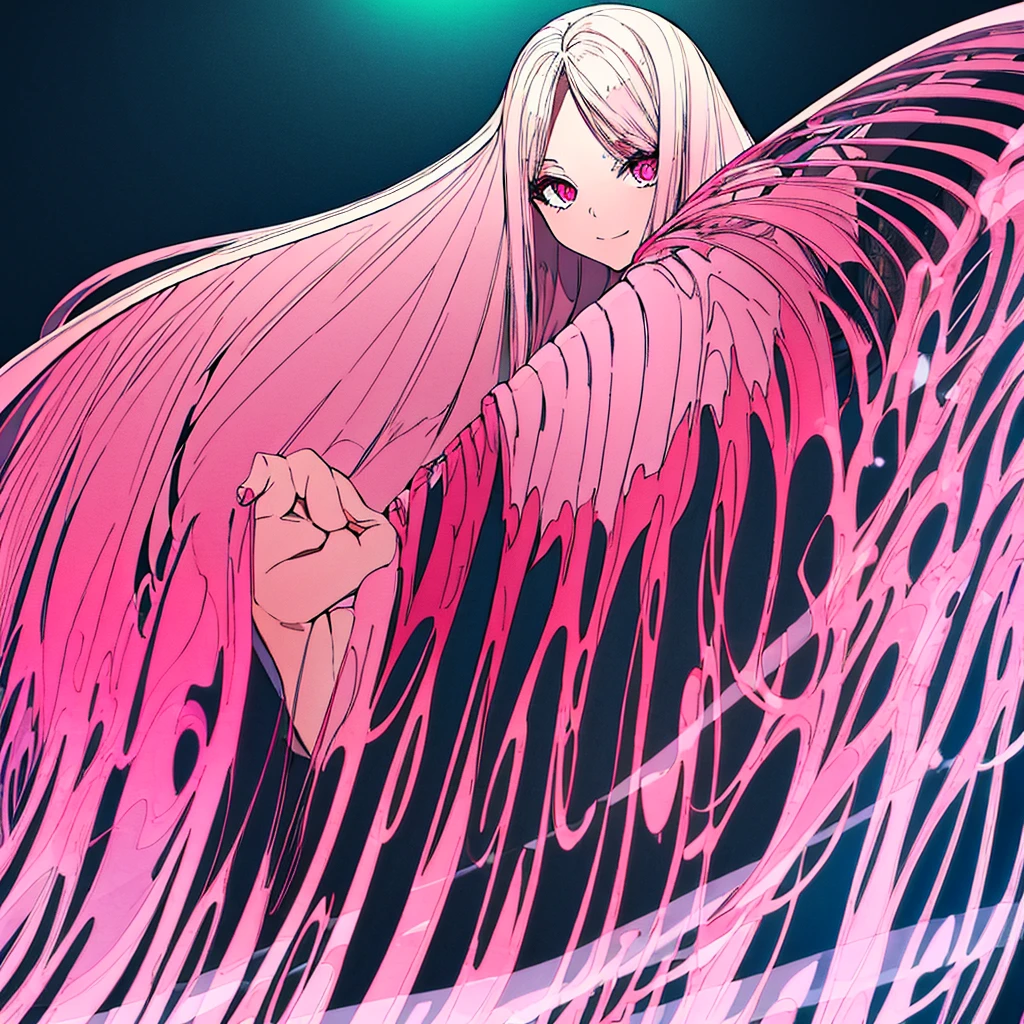 A teenage angel with long straight white hair and pink eyes, ful dressed , she smiled, beautiful and bright eyes,light pink eyes below and dark pink above, she wears a pink blouse, she wears a white skirt , unsmooth skin, 2D quality.