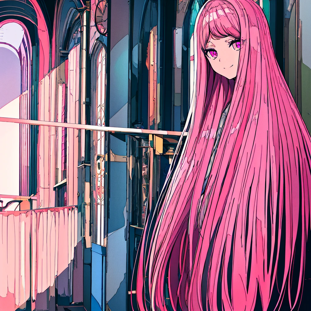 A teenage angel with long straight white hair and pink eyes, ful dressed , she smiled, beautiful and bright eyes,light pink eyes below and dark pink above, she wears a pink blouse, she wears a white skirt , unsmooth skin, 2D quality.