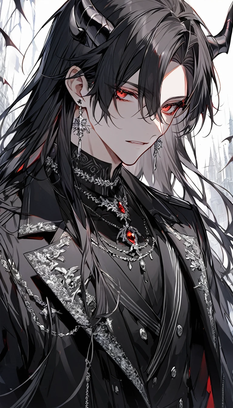 alone, good looking, 1 male, Long hair, Middle parted hair, Black hair, Red eyes, Black shirt, White Thailand, Black Trench Coat, Royal Silver Jewellery, Royal Demon Earrings, Black horns, Front Facing