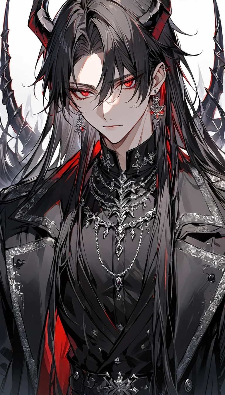 alone, good looking, 1 male, Long hair, Middle parted hair, Black hair, Red eyes, Black shirt, White Thailand, Black Trench Coat, Royal Silver Jewellery, Royal Demon Earrings, Black horns, Front Facing