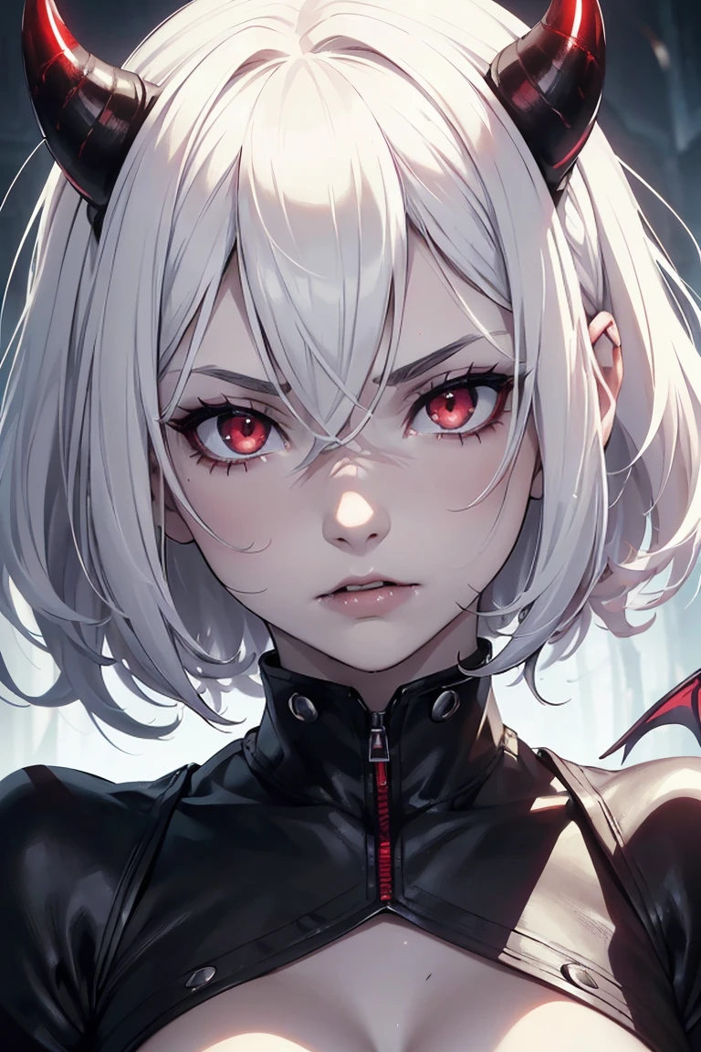 photo(portrait, from the front, close up, facing camera) of a woman(solo, succubus, short hair, wavy hair, white hair, pale skin, small nose, red eyes, cruel face, black horns, sadistic, violent, evil, perverted, grim, cold), hentai game, anime, best quality, masterpiece, maximum detail, high resolution