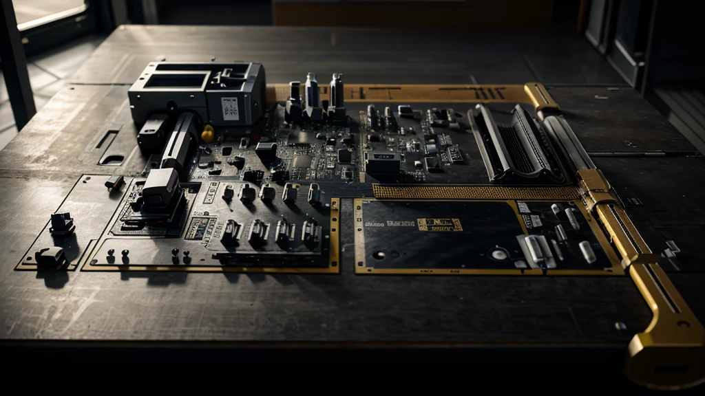 ultra-realistic photo of a motherboard laid out on the bench. It doesn't have to be futuristic. Create a normal photo of an electronic board as close as possible to a real board and with ultra-fine details.