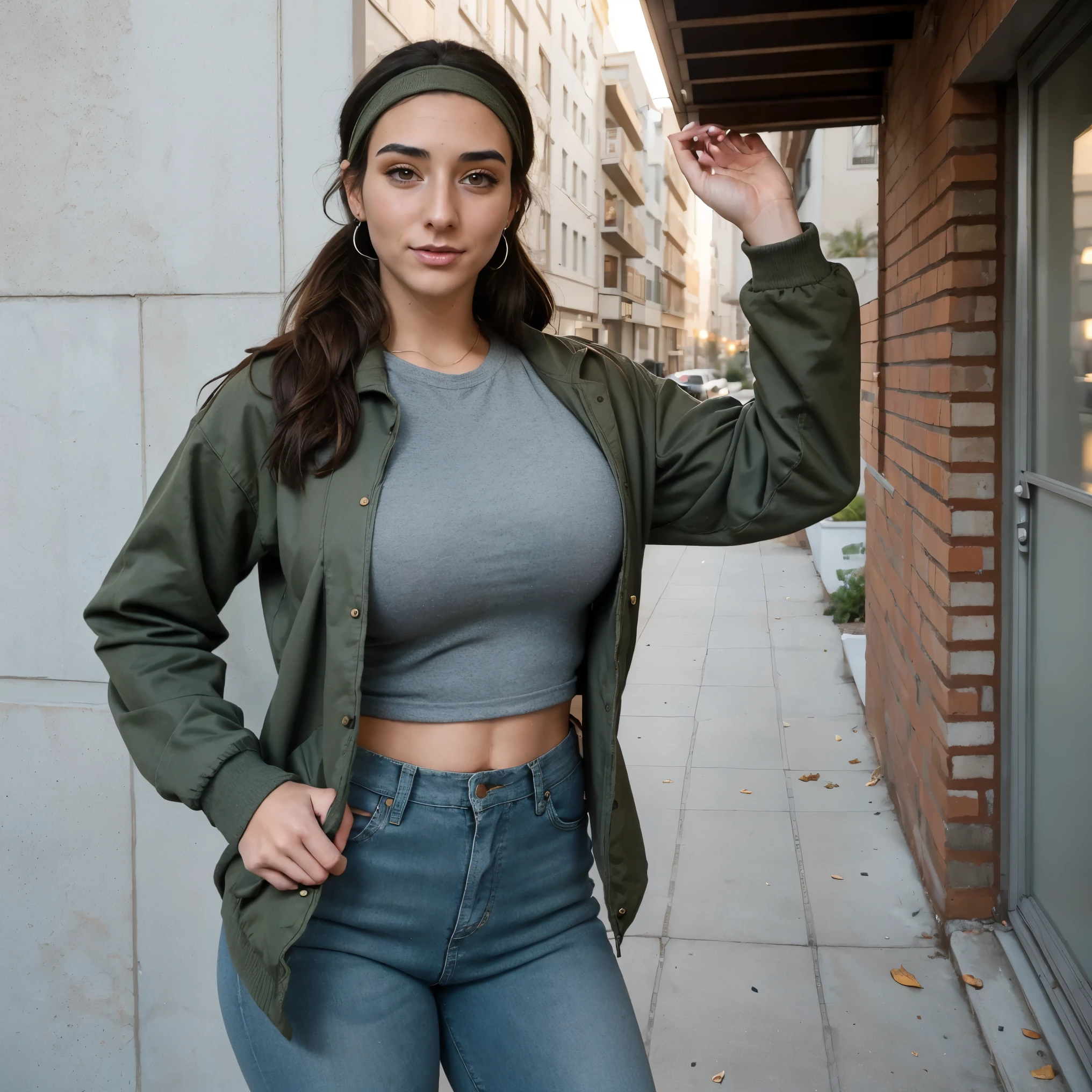 Extremely busty thin and toned brunette photographer, college girl, fair skin, loose ponytail, soft face, athletic, bandana babushka headwrap, tight olive green casual windbreaker, skinny jeans. standing in front of her apartment building, outdoors, city, camera bag, cleavage