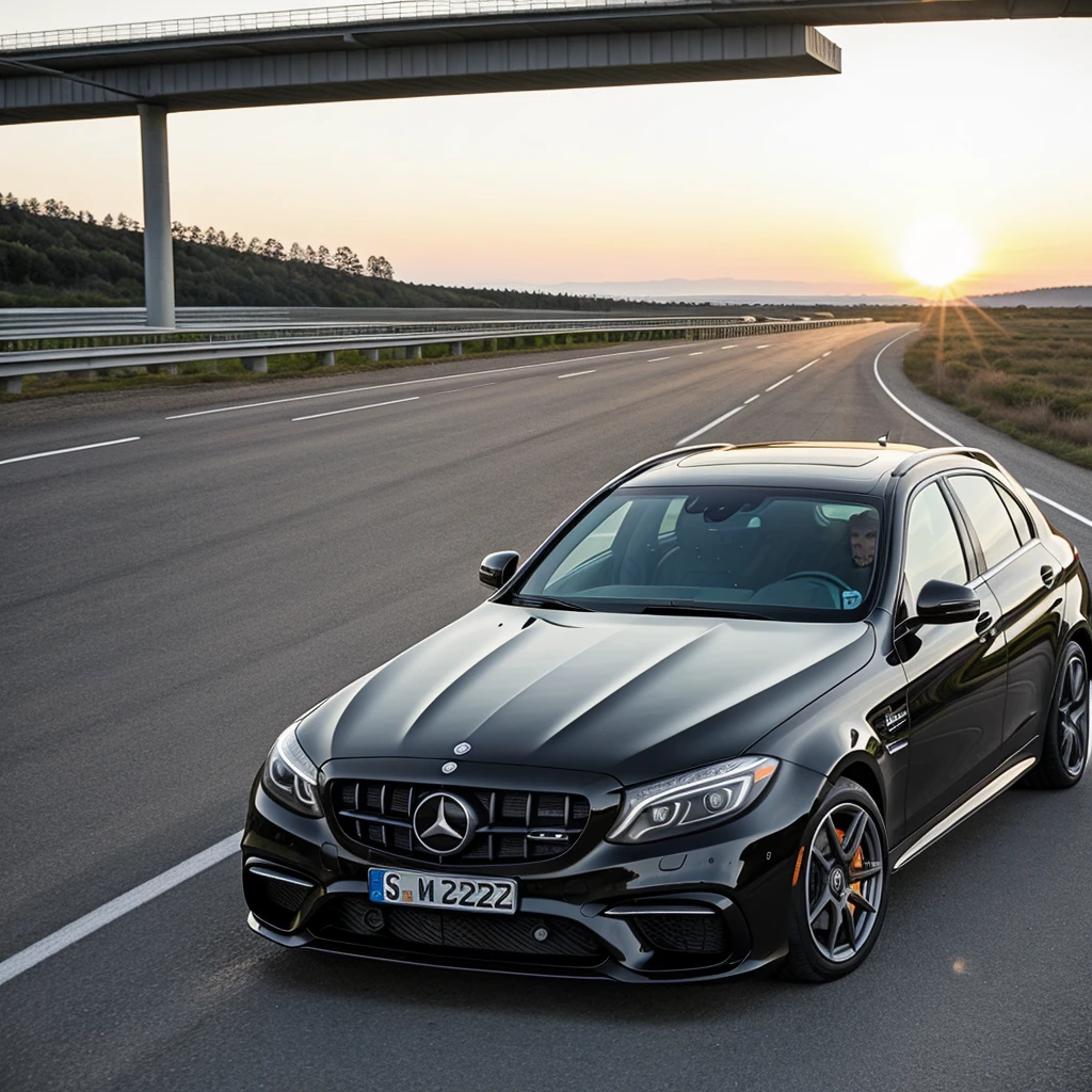 Best quality, mersedes e63 amg on the highway going into the sunset