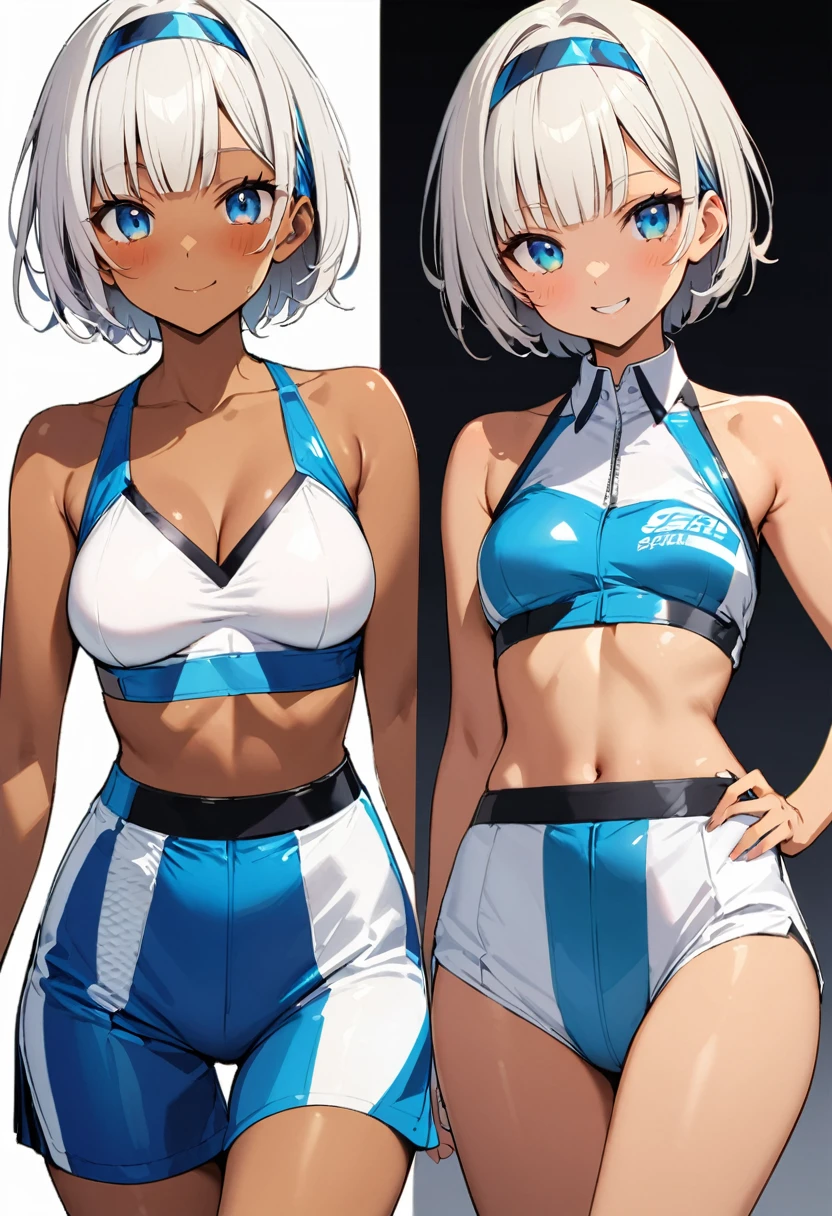 16k works,Highest quality,18-year-old,No background.White background only,whole body、sexy, One person, Beautiful Face,, Symmetrical eyes, Perfect body, Good balance、 Perfect body,Beautiful silver hair、((((Very short hair))))、blue eyes、(hair band)、Blunt bangs, Race Queen、 (((Dark skinned women, Sunburned))), (((skinny))),Tight waist、smile