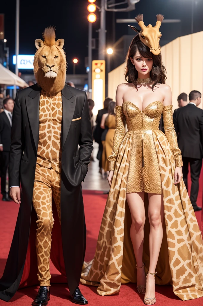 I created an image of a woman with a giraffe head wearing a dress and next to her a man with a lion head, both of them are well groomed and on the red carpet