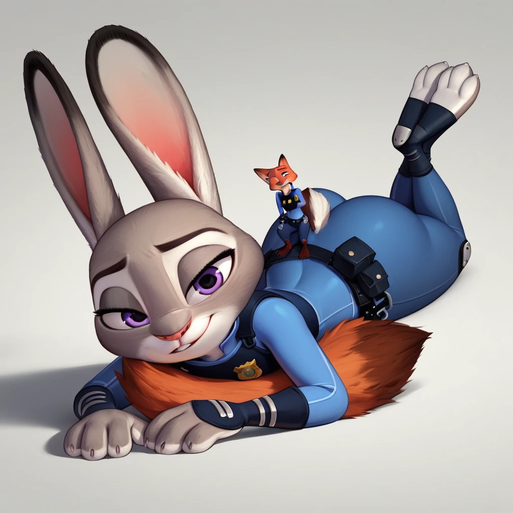 By disney pixar, 3d, duo, by qupostuv35, macro, ((judy hopps, lying face down)), female, zootopia, Police uniform, thigh crushing, (break, (micro nick wilde's  head between Judy's thighs)), butt