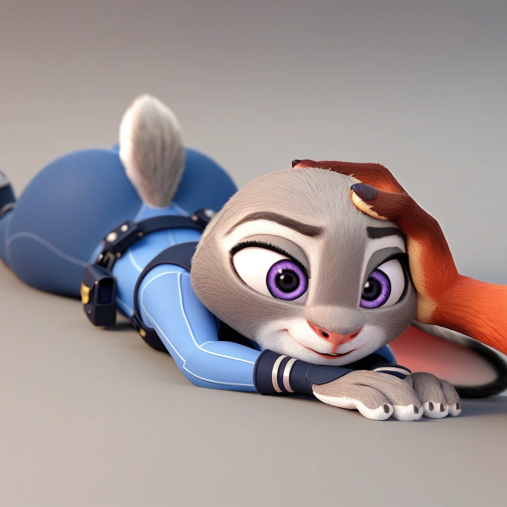 By disney pixar, 3d, duo, by qupostuv35, macro, ((judy hopps, lying face down)), female, zootopia, Police uniform, thigh crushing, (break, (micro nick wilde's  head between Judy's thighs)), butt