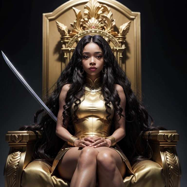 Black woman, long curly hair, golden dress, sitting on a throne with swords