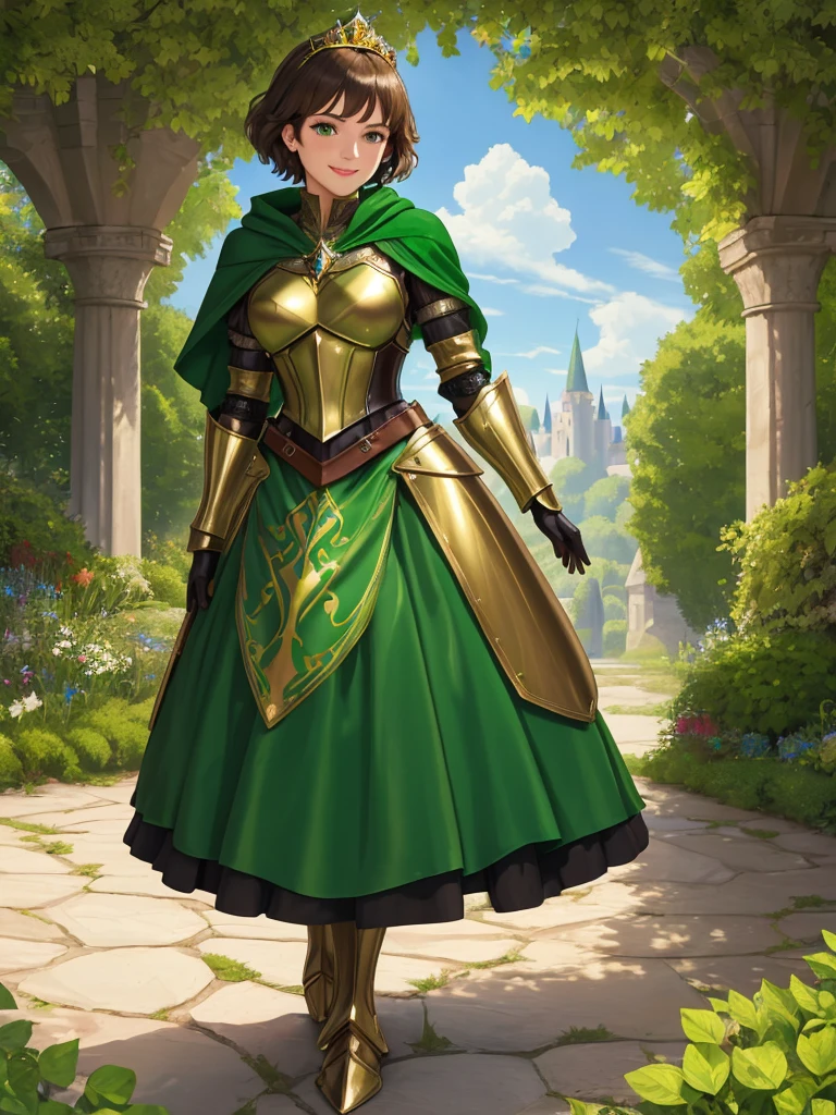 masterpiece, best quality:1.2), 1girl, smile, looking at viewer, green eyes, short brown hair, princess, armor, , pauldrons, armored dress, green cloak cape, wearing puffy blue ballgown skirt, golden tiara with green gem, armored boots, fingerless gloves, standing in medieval garden