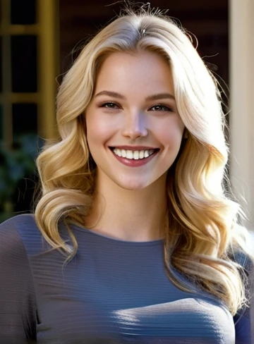rich young woman; mansion; wavy blonde; smiling