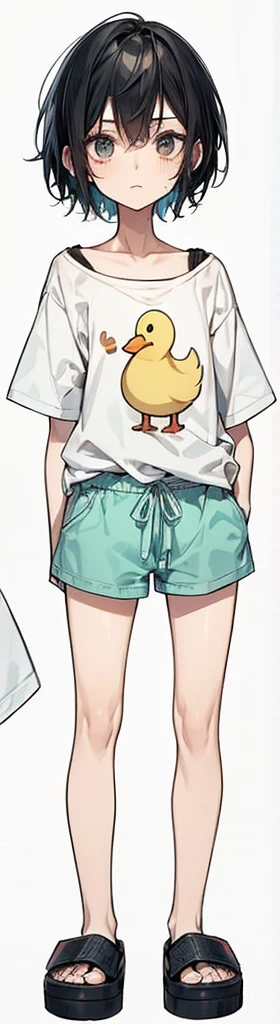  a young woman of short stature, with 1,45m high, and slim, slender body. His black hair is short and messy, framed by a face with deep, dark eyes. She usually wears simple and comfortable clothes, like a white shirt with a duck printed on the chest, light green-blue shorts and black flip-flops.

