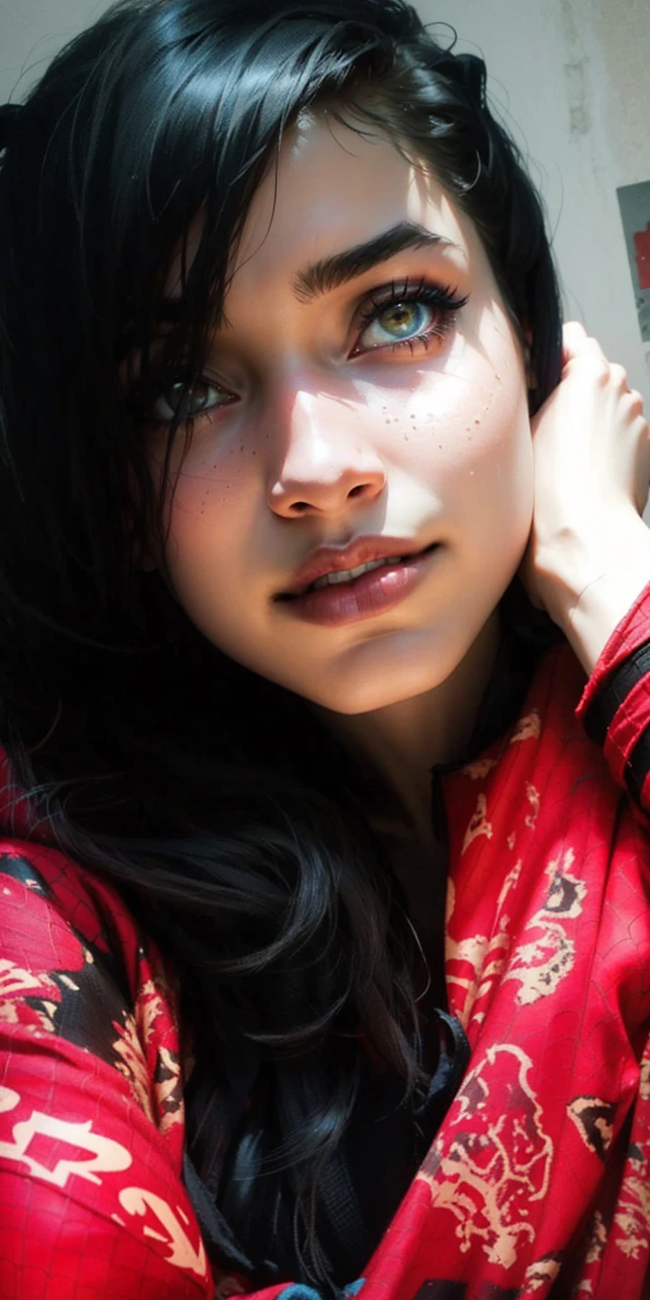 Beautiful woman detailed defined body using spider man cosplay, small breasts