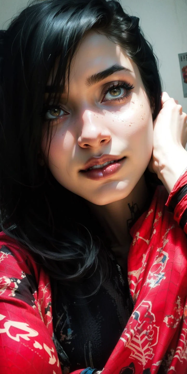 Beautiful woman detailed defined body using spider man cosplay, small breasts
