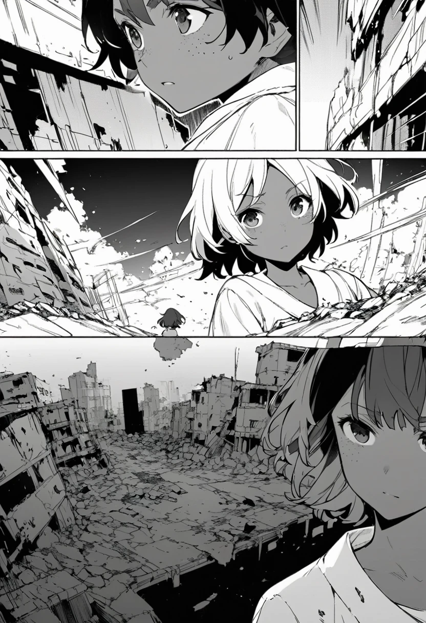 best quality , monochrome, lineart, 1girl, injured, short dark hair blowing in the wind, tan skin, freckles, flowing hospital gown , emotionless expression, staring into the distance, wide shot, background in ruins, oldest, comic