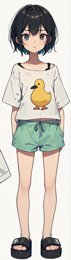 a young woman of short stature, with 1,45m high, and slim, slender body. His black hair is short and messy, framed by a face with deep, dark eyes. She usually wears simple and comfortable clothes, like a white shirt with a duck printed on the chest, light green-blue shorts and black flip-flops.