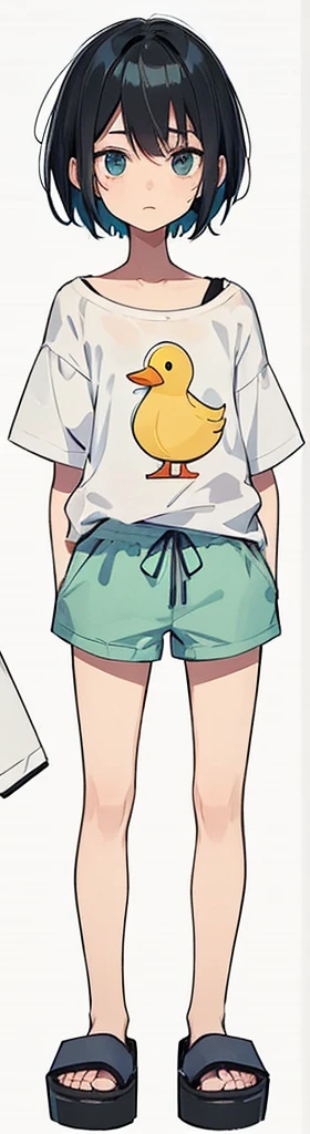 a young woman of short stature, with 1,45m high, and slim, slender body. His black hair is short and messy, framed by a face with deep, dark eyes. She usually wears simple and comfortable clothes, like a white shirt with a duck printed on the chest, light green-blue shorts and black flip-flops.
