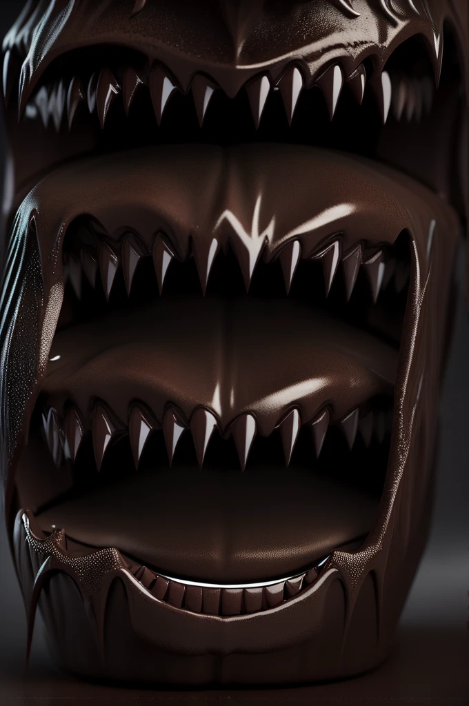 angry chocolate, teeth, sharp fangs, dark chocolate creature, demonic, evil, sinister, horror, dark fantasy, detailed, 8k, high quality, photorealistic, dramatic lighting, chiaroscuro, moody colors, deep shadows, cinematic composition
