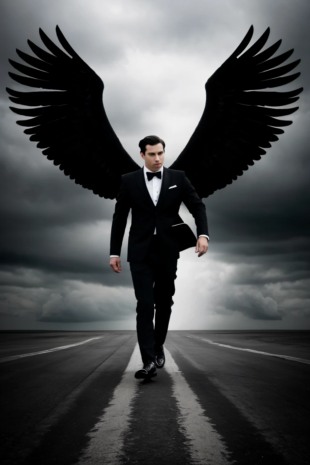 CREATE AN INAGEM OF AN EGOCENTRIC MAN COMING FROM THE SKY WITH WINGS DRESSED IN BLACK