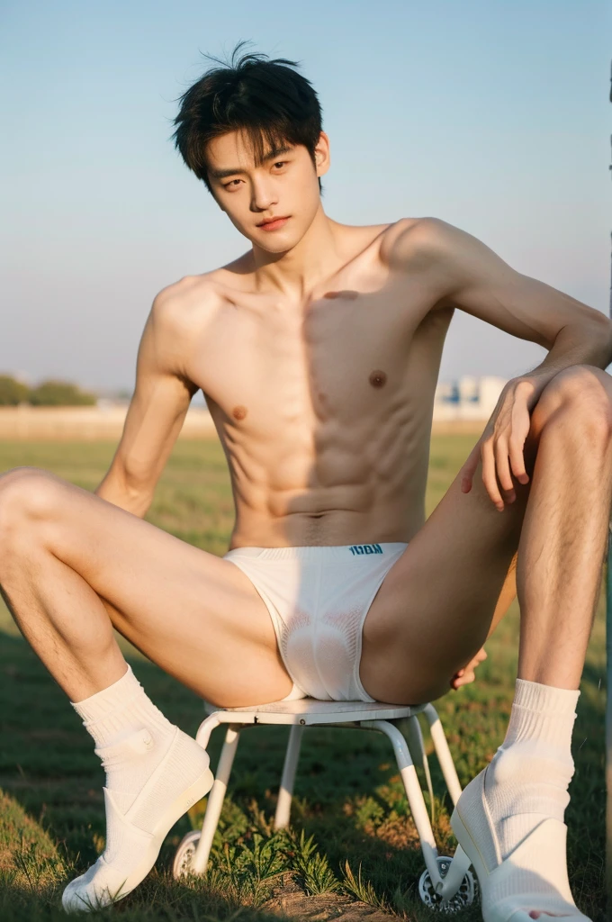 nansheng,1 boy, Solitary, topless, wear white thong underwaer，Socks and feet close-up，Male focus,sky空, outdoor, sky, Practical,Grass, Whole body, show abs,(The best shadow), Wheels within wheels, bright, Lens distortion correction，(The best shadow),Wheels within wheels, bright, Lens distortion correction