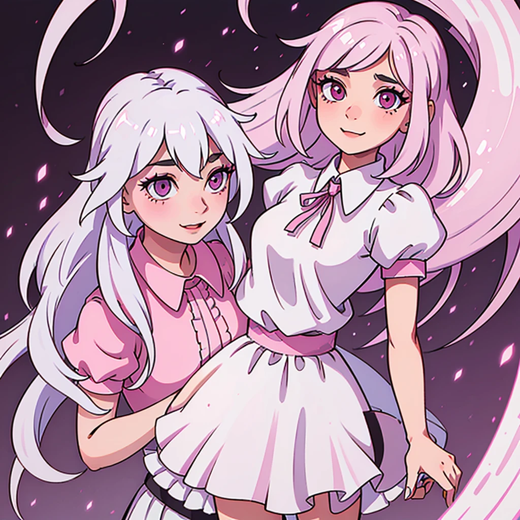 A teenage angel with long straight white hair and pink eyes, ful dressed , she smiled, beautiful and bright eyes,light pink eyes below and dark pink above, she wears a pink blouse, she wears a white skirt , unsmooth skin, 2D quality.