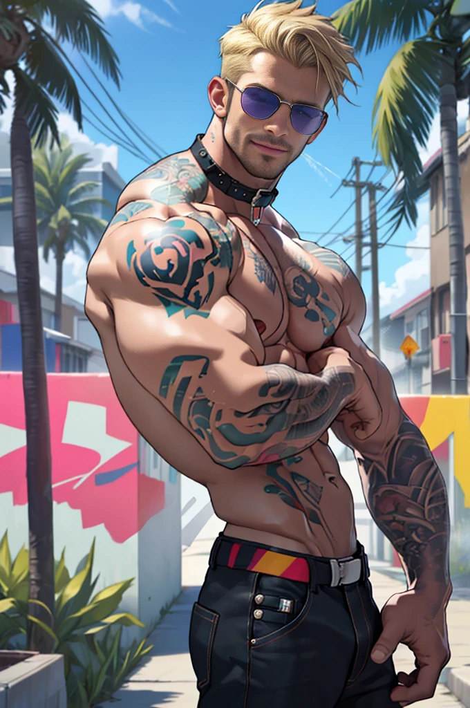 lifelike,(masterpiece,top quality,best quality,official art),Very detailed,rich and colorful,most detailed,God,shorter hair,blonde,Handsome man,Collar,Shirtless,suburbs,Sun Glasses,muscle,Chest muscles,tattoo,Nipple rings,Tropical plants,street spray paint