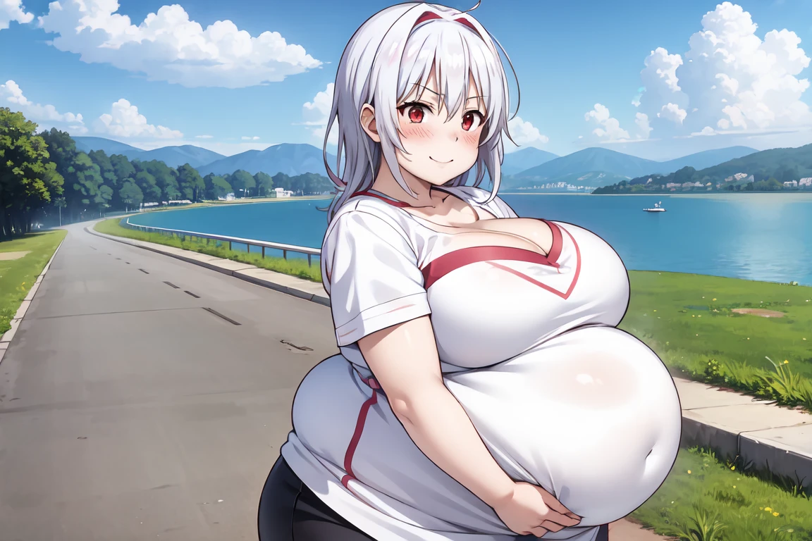 red eyes, accelerator (toaru majutsu no index), white hair, shirt, girl:1.3, massive breasts, outdoors, lake, smile, blush, fat