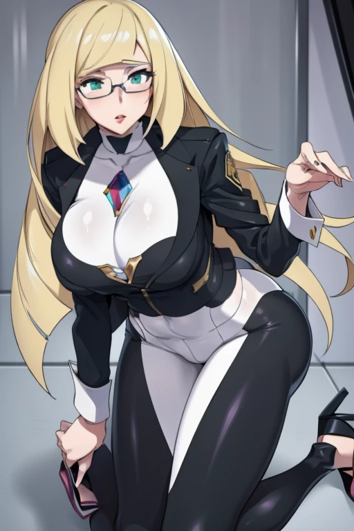 20 year old woman, busty, large breasts, bubble butt, hourglass figure, skinny, blushing, confidant expression, horny, seductive, long hair, platinum blonde hair, bangs, wearing white latex bodysuit, black suit jacket, black glasses, black high heels, office attire, tight fitting clothing, cleavage, flat colours, anime, ecchi anime style, heavy makeup, kissable lips, hentai, manga, ahegoe, random porn pose