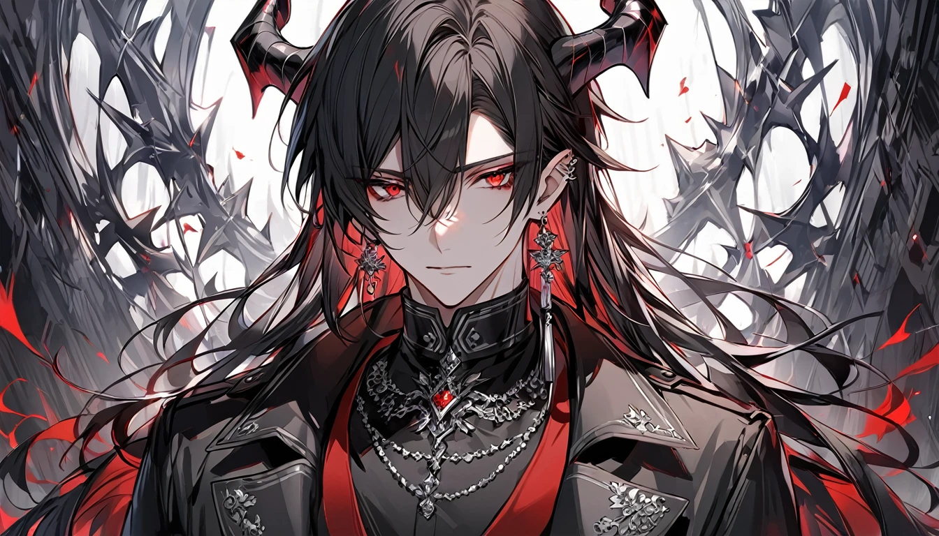 alone, good looking, 1 male, Long hair, Middle parted hair, Black hair, Red eyes, Black shirt, White Thailand, Black Trench Coat, Royal Silver Jewellery, Royal Demon Earrings, Black horns, Front Facing