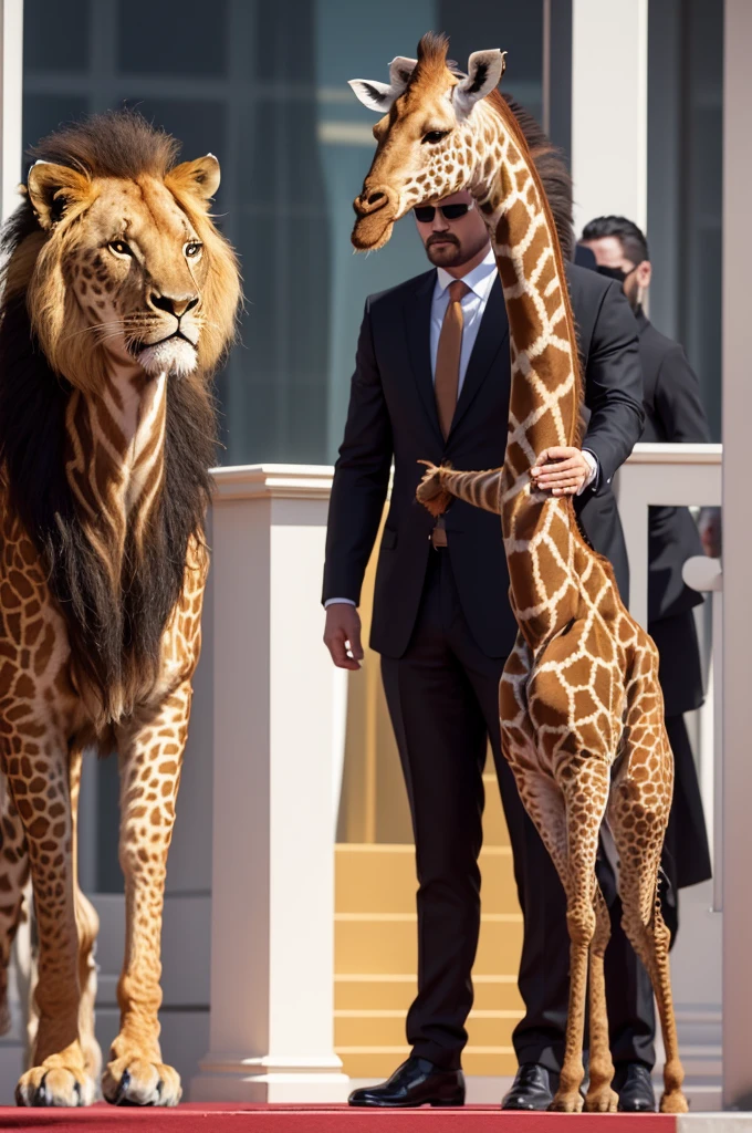 Picture a woman with the face of a giraffe on a red carpet, next to her there is a man with the face of a lion, they are both well groomed in very bright clothes