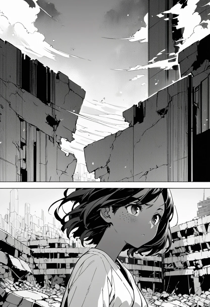 best quality , monochrome, lineart, 1girl, injured, short dark hair blowing in the wind, tan skin, freckles, flowing hospital gown , emotionless expression, staring into the distance, wide shot, background in ruins, oldest, comic