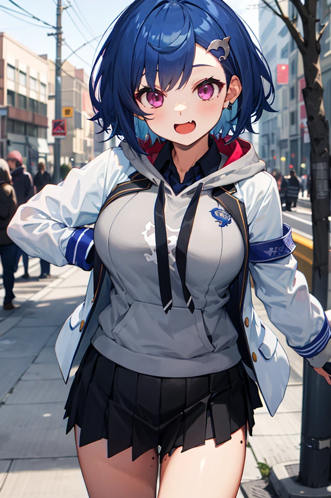 masterpiece, best quality, highres, 1girl, solo, grey hoodie, fang, blue hair, skin fang, blazer, short hair, white jacket, (mole on thigh:0.8), bangs, black skirt, hair behind ear, black socks, collared shirt, purple eyes, pleated skirt, armband, mole, hair ornament, open mouth, outdoors, smile, spoken heart,big breasts