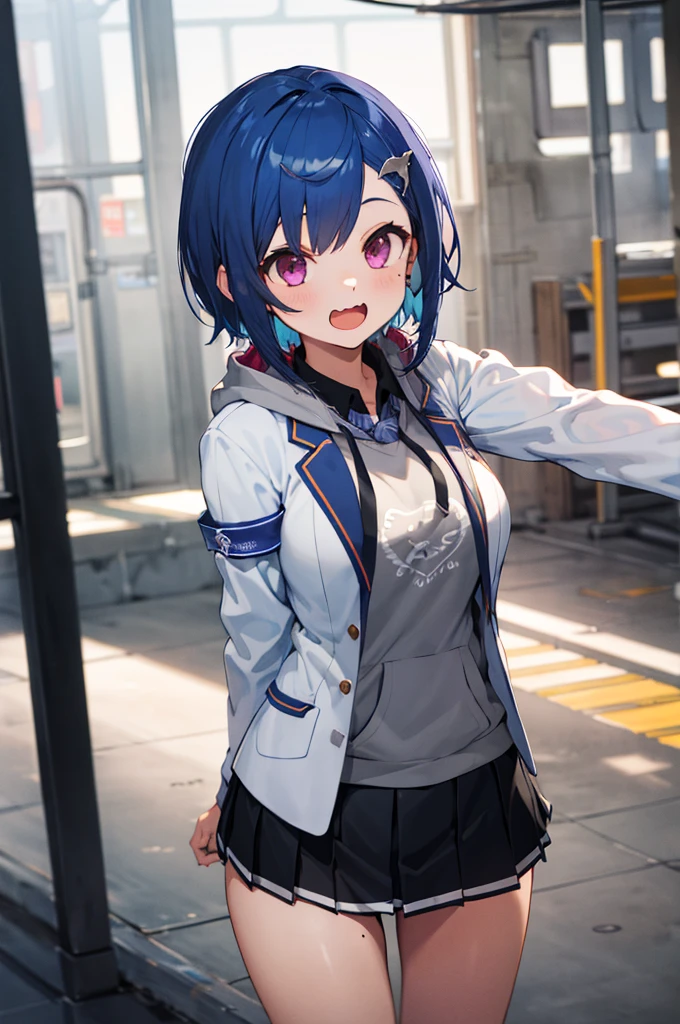 masterpiece, best quality, highres, 1girl, solo, grey hoodie, fang, blue hair, skin fang, blazer, short hair, white jacket, (mole on thigh:0.8), bangs, black skirt, hair behind ear, black socks, collared shirt, purple eyes, pleated skirt, armband, mole, hair ornament, open mouth, outdoors, smile, spoken heart,big breasts