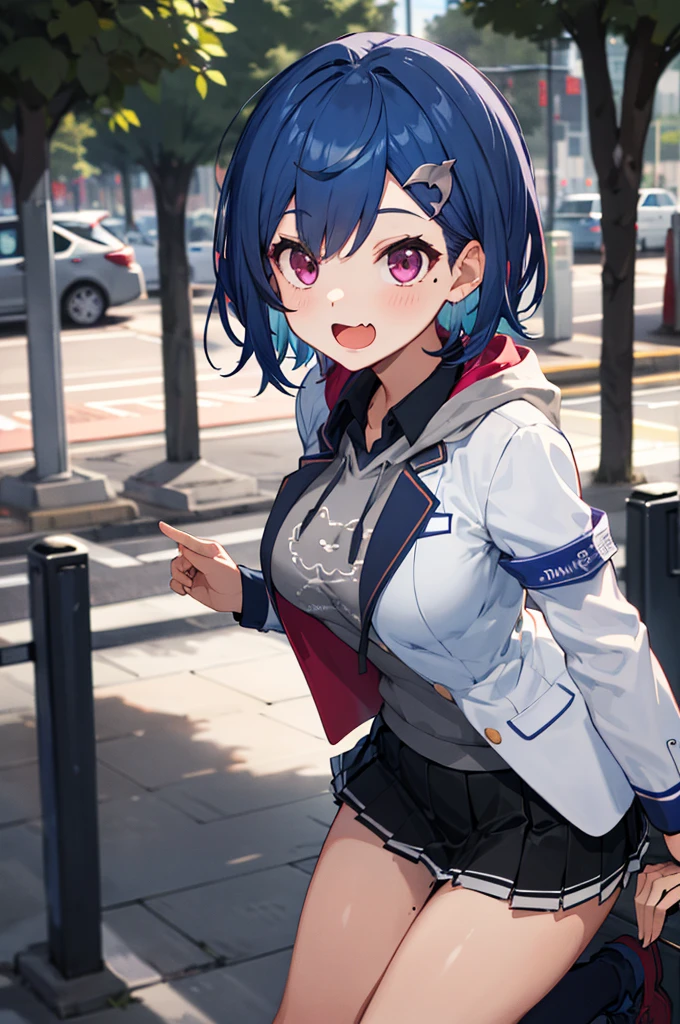 masterpiece, best quality, highres, 1girl, solo, grey hoodie, fang, blue hair, skin fang, blazer, short hair, white jacket, (mole on thigh:0.8), bangs, black skirt, hair behind ear, black socks, collared shirt, purple eyes, pleated skirt, armband, mole, hair ornament, open mouth, outdoors, smile, spoken heart,big breasts