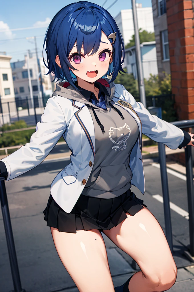 masterpiece, best quality, highres, 1girl, solo, grey hoodie, fang, blue hair, skin fang, blazer, short hair, white jacket, (mole on thigh:0.8), bangs, black skirt, hair behind ear, black socks, collared shirt, purple eyes, pleated skirt, armband, mole, hair ornament, open mouth, outdoors, smile, spoken heart,big breasts