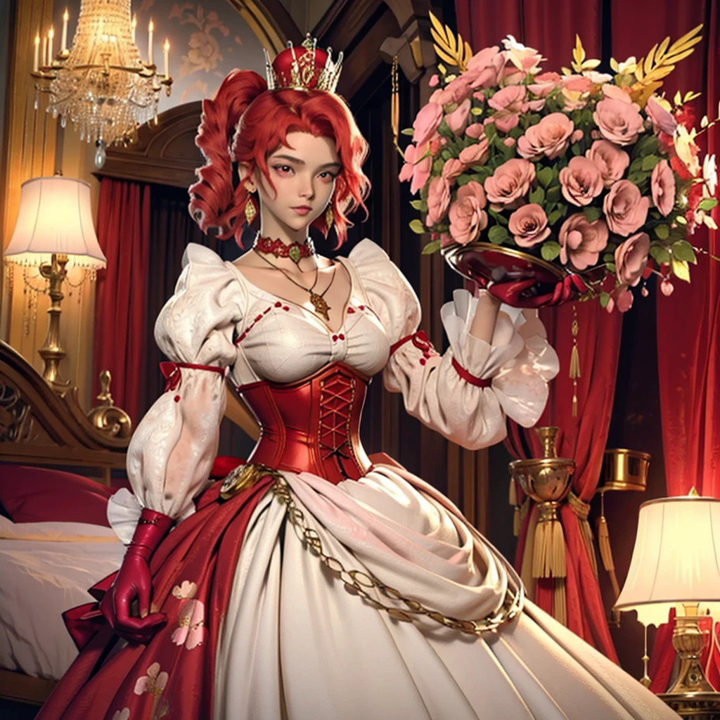 Guy 15 years old princess, drawn in anime style,short red  hair, pink eyes, lipstick, steampunk, Floral red and white gown with puffy sleeves, corset, ribbons, white elbow gloves, ruby earrings and necklace, gold tiara, high heels, in castle bedroom, standing elegantly. Guy, no beard