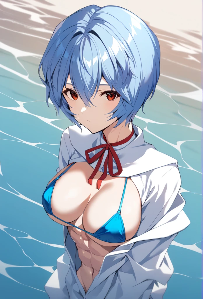 1girl, ayanami rei, solo, red eyes, short hair, blue micro bikini, red ribbon, hair between eyes, neck ribbon, looking at viewer, blue hair, ribbon, white shirt, shirt, closed mouth, bangs,  from above, partially submerged, big breasts, abs, medium quality, late, 