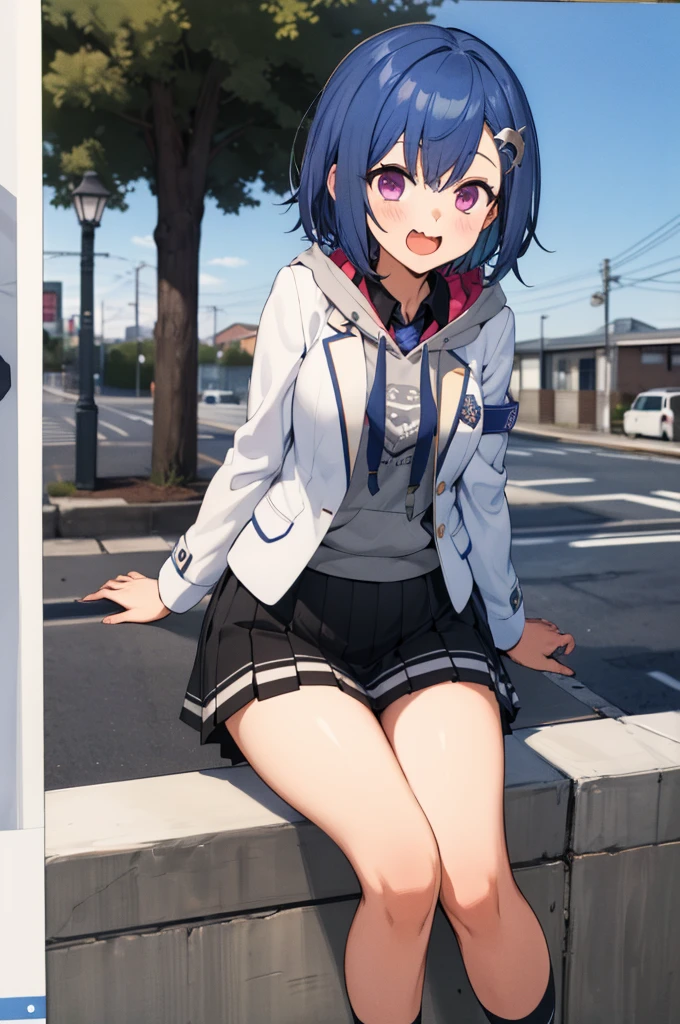 masterpiece, best quality, highres, 1girl, solo, grey hoodie, fang, blue hair, skin fang, blazer, short hair, white jacket, (mole on thigh:0.8), bangs, black skirt, hair behind ear, black socks, collared shirt, purple eyes, pleated skirt, armband, mole, hair ornament, open mouth, outdoors, smile, 